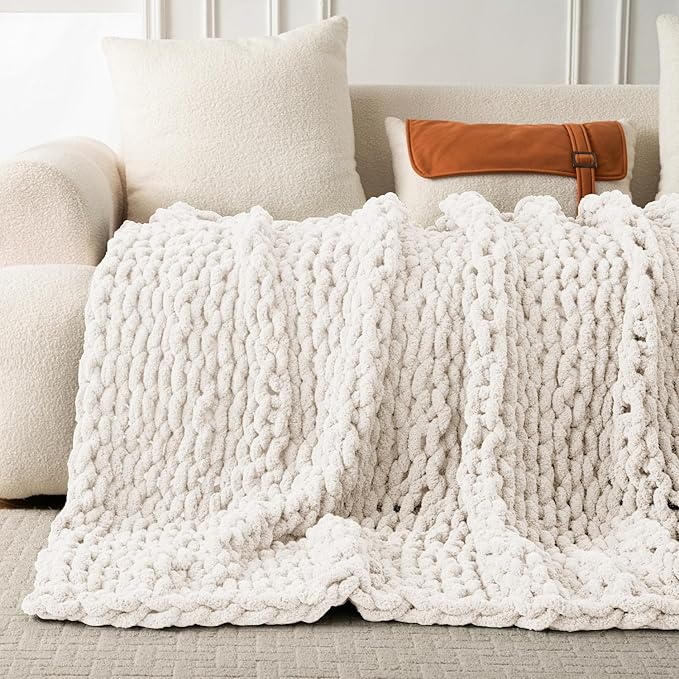 Ultra Soft Chunky Knit Blanket Throw -50x60 Hand Knitted Warm Chenille Throw Blanket, Home Decor Soft Thick Yarn Cable Knit Blanket Breathable Fleece Banket Christmas for Couch Bed Sofa Best GIF Gift
