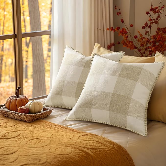 decorUhome Buffalo Plaid Check Fall Throw Pillow Covers 12x20 Set of 2, Outdoor Lumbar Decorative Farmhouse Pillow Covers with Stitched Edge for Bed Couch Sofa, Cream White and Beige