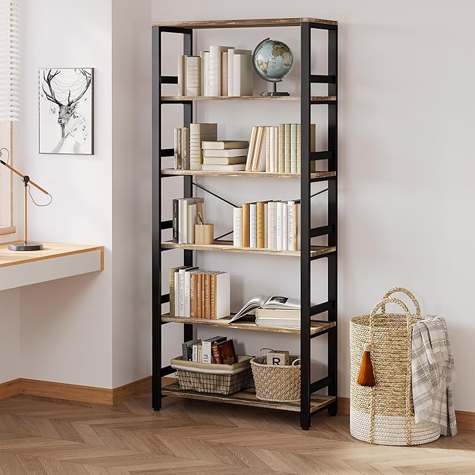IRONCK Bookshelf, 31.5in Wide Shelf 6 Tier Bookcase, 110lbs/shelf Vintage Industrial Style Bookshelves for Bedroom, Living Room and Home Office, Industrial Brown