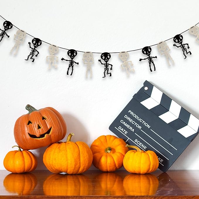 Gift Boutique - 9 Foot Halloween Garland Felt Banner Chain Decorations Indoor & Outdoor Party Supplies 18 Feet Total Pack of 2 Designs Skeletons Bat Pumpkin Ghost