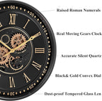 CLXEAST 24 Inch Wall Clock with Moving Gears, Black Gold Roman Numeral Wall Clocks for Modern Farmhouse Living Room Decor,House Warming Gifts New Home