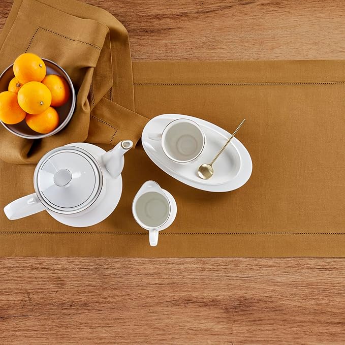 Solino Home Linen Brown Sugar Table Runner 90 Inches Long - 100% Pure Linen 14 x 90 Inch Table Runner for Fall, Autumn, Thanksgiving - Classic Hemstitch