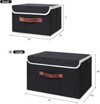 ANMINY Storage Bin with Lid Storage Boxes with PU Leather Handles PP Plastic Board Decorative Foldable Lidded Cotton Linen Fabric Home Cubes Baskets Closet Organizer Container - Black, Large Size