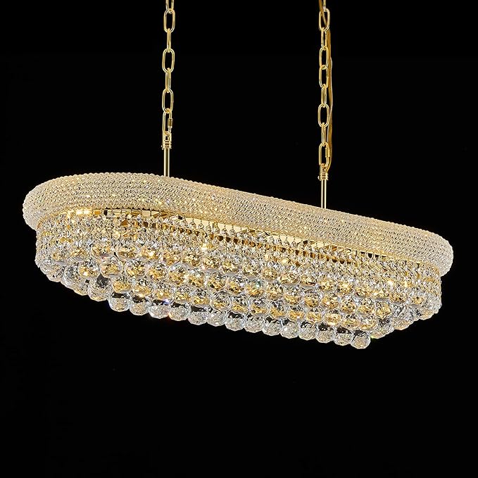 Rectangular Crystal Chandeliers for Dining Room,10 Lights Adjustable Height Oval Crystal Ceiling Light Fixture for Kitchen Island, Gold Finish, L36''