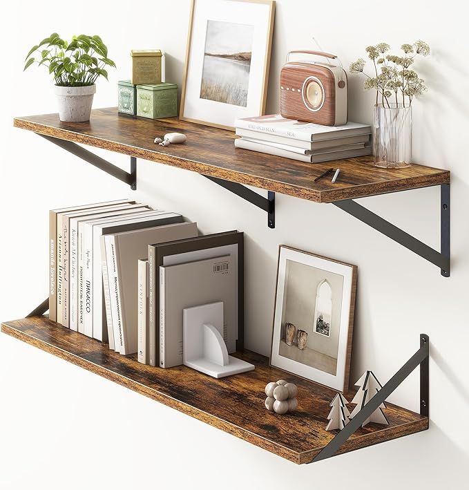 36"W x 10"D Floating Shelves, 10 Inch Deep Floating Shelves, Farmhouse Rustic Deep Wall Shelves for Home Decor, Wide Large Floating Shelf for Bathroom, Living Room, Kitchen, Study Room, Rustic Brown