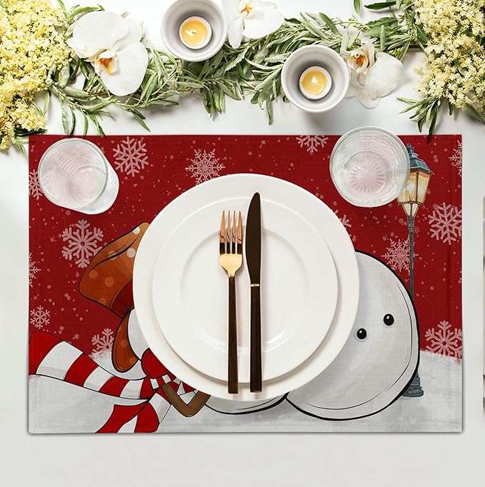 Red Snowman Snowflake Christmas Placemats Set of 4 Seasonal Winter Linen Table Mats 12x18 Inch Xmas Holiday Snow Farmhouse Rustic Washable Place Mat for Party Kitchen Dining Outdoor Indoor Decor