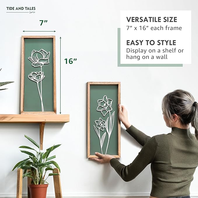 3D Floral Green Wall Art (Set of 2) Lightweight, Wooden Ready-to-Hang Boho Framed Wall Art for Bathroom, Bedroom, Living Room or Office – Premium Sage Green Farmhouse Decor – Gift-Boxed