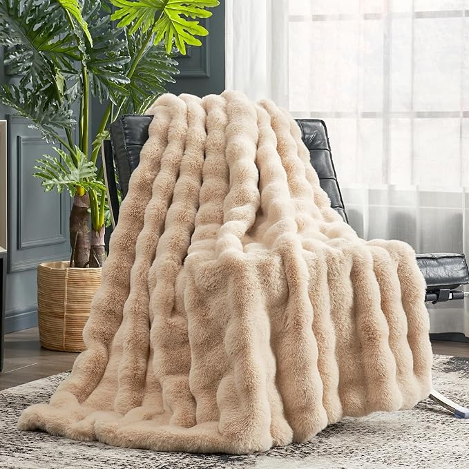 Cozy Bliss Faux Fur Throw Blanket for Couch, Fuzzy Soft Plush Thick Bubble Blanket for Sofa Bedroom Living Room, 50 * 60 Inches Beige
