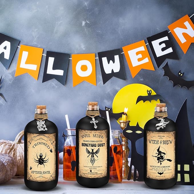 Uiifan 31 Pcs Halloween Potion Bottles Set Including Glass Apothecary Bottles with Cork Stickers and Pendants Halloween Decorations Indoor Party Supplies (Black,8.5 oz)