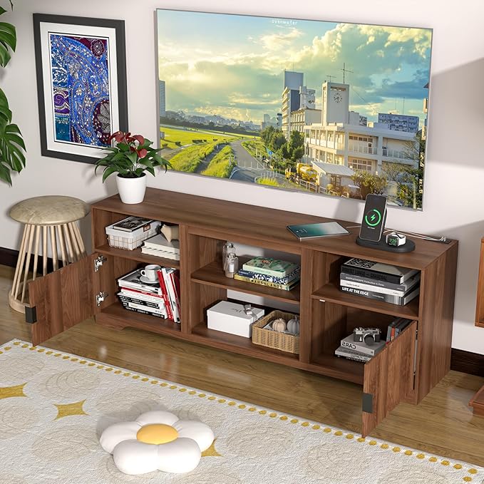 Fluted TV Stand for Tvs up to 80",Mid Century Modern TV Stand with Open Adjustable Shelf,Entertainment Center Wood TV Media Console with Cord Holes,TV Stand for Living Room Furniture Bedroom,Walnut