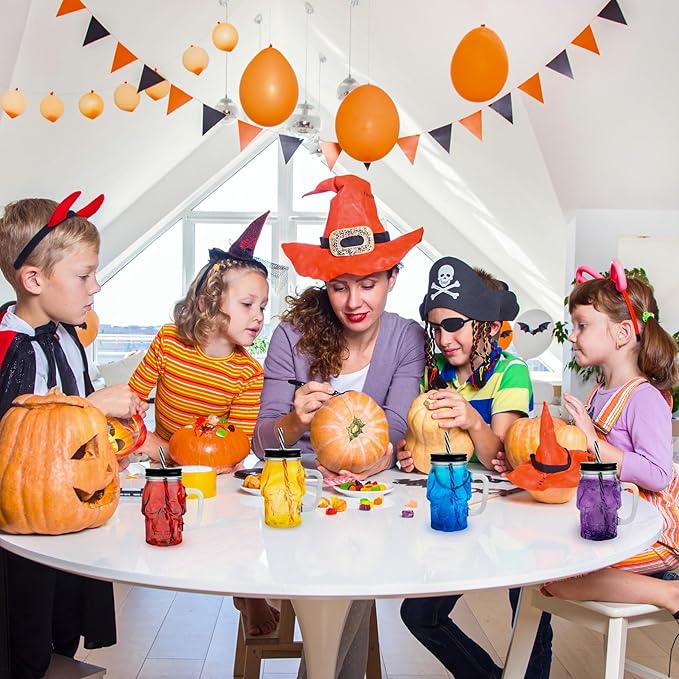 Halloween Cups Set of 4 - Skull Mason Jar with Lids Straws and Handle - Skull Drinking Glasses for Halloween Party Bar Decor (16 oz, Clear)