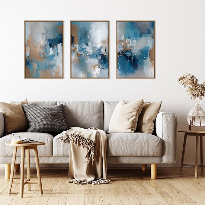 HLNIUC Large Blue Abstract Framed Canvas Wall Art,Blue and Brown Brush Strokes Wall Decor Set of 3(16”x24”)Neutral Modern Wall Painting,Watercolor Minimalist Abstract Art Print for Living Room,Bedroom