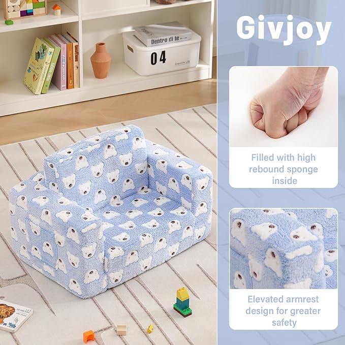 Toddler Chair Kids Couch, 2-in-1 Comfy Armchair with Removable and Washable Cover Carrying Handle, Convertible Reading Chair Toddler Couch for Girls and Boys