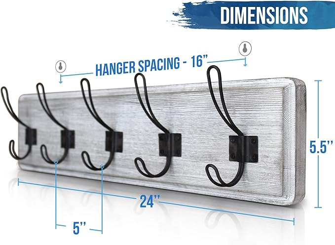 HBCY Creations Rustic Coat Rack - Wall Mounted Whitewash 24" Entryway Coat Hooks - 5 Rustic Hooks, Solid Pine Wood. Perfect Touch for Your Entryway, Kitchen, Bathroom... (Whitewash)