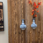 Set of Two Blue and White Porcelain Wall Vases for Flowers – Handmade Chinoiserie Ceramic Wall Mounted Flower Vase, Decorative Hanging Vases for Living Room, Bookshelf & Indoor Décor