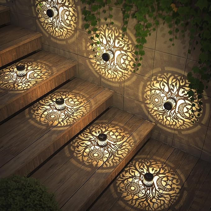 2 Pack Solar Fence Lights Metal Solar Powered Outdoor Wall Deck Step Lights Tree Theme Waterproof Fence Light for Garden Post Patio Backyard Yard Decor (Tree, 2 Pack)