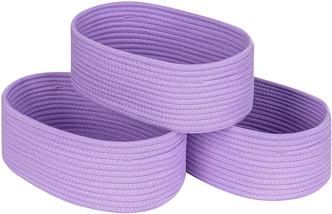 Baskets Bins for Shelf Storage Organizing/Cute Basket to Store and Organize Household Items/Woven Rope Basket for Living Room, Bedroom,Playroom,3 Packs Purple Basket