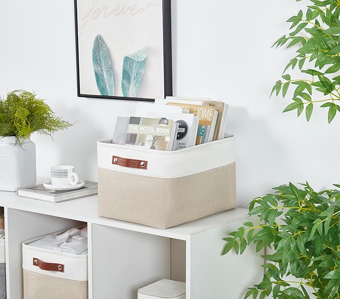 DECOMOMO Storage Bins Fabric Storage Baskets for Shelves, Linen Closet Organization Toys Nursery (Beige and White, Large - 3 Pack)