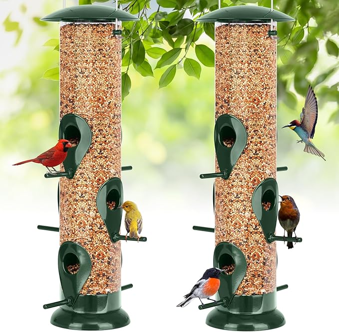 FEED GARDEN Metal Tube Bird Feeders for Outdoors Hanging, 6-Port Bird Feeder for Outside, Finch Feeders for Outside, Squirrel Proof Bird Feeders with Heavy Duty Metal Lid, Chew-Proof, 13 Inch Green