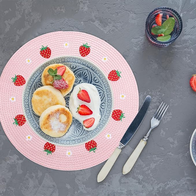 Whaline 4Pcs Round Placemats Daisy Strawberry Embroidered Place Mats Summer Strawberry Dinner Table Mats for Home Wedding Baby Shower Birthday Party Decor
