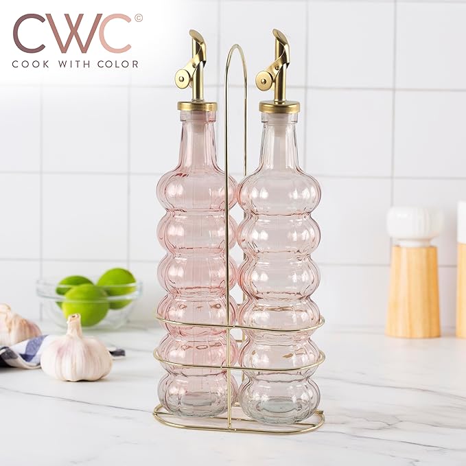COOK WITH COLOR Glass Olive Oil Bottle Dispenser - 2 Pack- 17oz Oil and Vinegar Cruet - Olive Oil Carafe Decanter for Kitchen