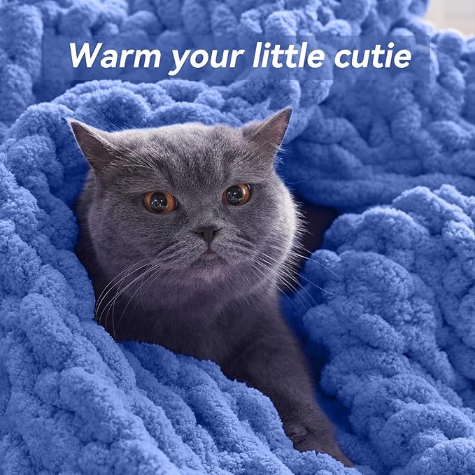 Chunky Knit Throw Blanket, 50''*60'' Knitted Throw Chenille Yarn for Bed Couch, Handmade Light Blue Crochet Big Thick Blanket, Machine Washable Cute Comfy Blanket for Home Decor