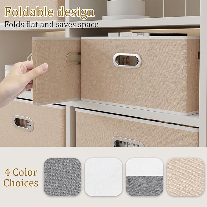 Yawinhe Collapsible Storage Box, Cube Storage Basket, Fabric Foldable Storage Bins Organizer Containers with Dual Leather Handles for Home Bedroom Closet Office,15.0 x 9.8 x 8.3 Inch, (Beige, 4-Pack)