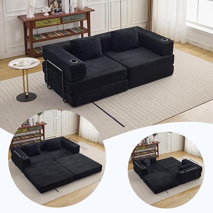 78" W Loveseat Sofa, 4 in 1 Convertible Floor Sofa Bed, Boneless Cloud Couch with Cup Holder, Fold Out Floor Couch, Loveseat Recliner Sleeper for Living Room Bedroom Lounge(Corduroy, White)