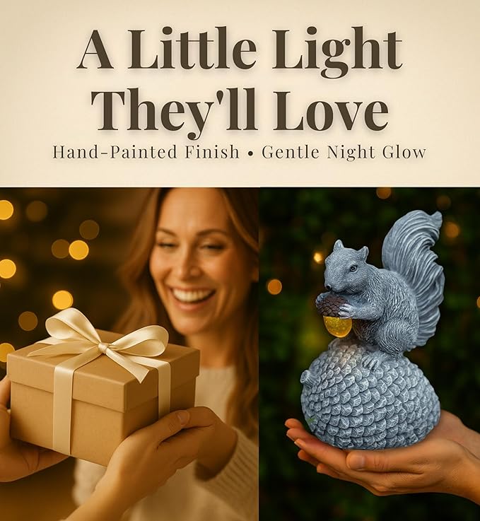 Solar Garden Statue – Hand-Painted Resin Squirrel on Pinecone with Glowing LED Acorn – Charming Yard, Patio & Balcony Decor – Gift for Mom, Grandma & Garden Lovers