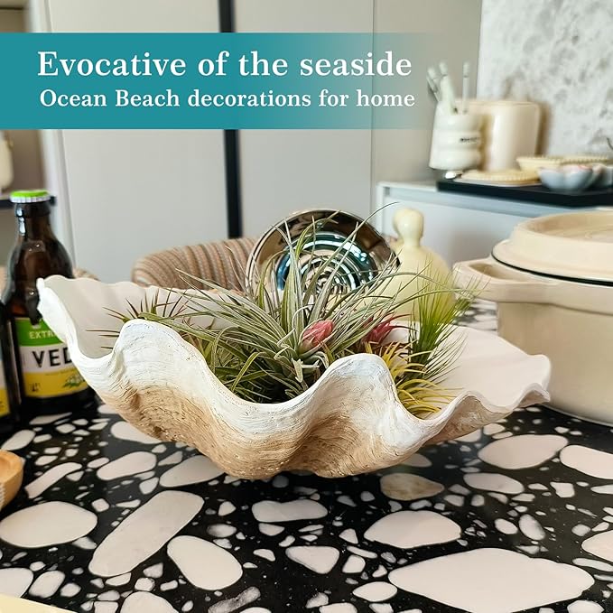 Extra Large Clam Shells Decorative Bowl Earth Tan Sea Shells Decorative Storage Bowls for Coastal Beach theme house table centerpiece decorations & Nautical decorations for coffee table -12.4"-1PC