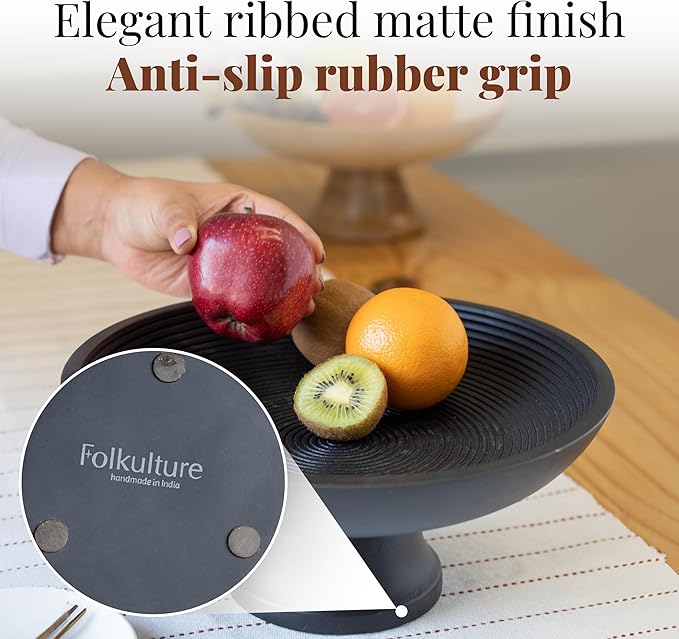 Folkulture Wooden Fruit Bowl for Kitchen Counter | 12" Large Premium Eco Friendly Banana Fruit Basket for Kitchen | Black Wood Bowl with Holder, Pedestal for Table Decor, Centerpiece for Dining Table
