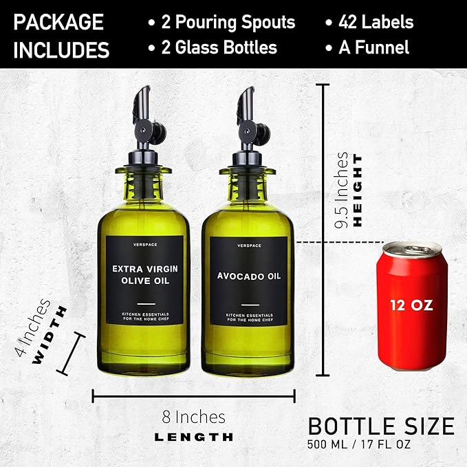 Green Glass Olive Oil Dispenser Bottle For Kitchen By Verpsace,Avocado Oil Dispenser Set, Modern Decor, Gold Kitchen Accessories for Home, Airbnb, Cafe (Black, Set of 2)
