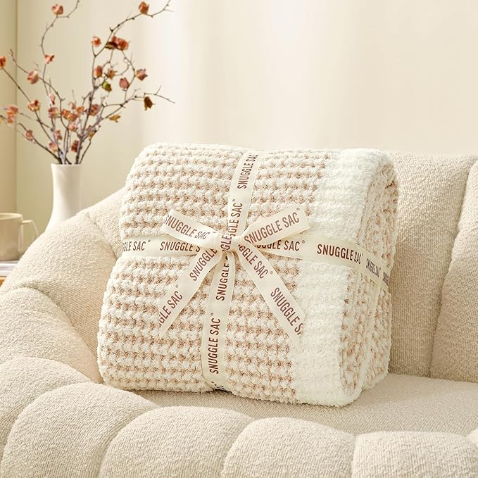 Snuggle Sac Cream Waffle Blanket for Couch Bed Sofa 60x80 inches, Reversible Beige Soft Throw Microfiber Fluffy Fuzzy Cozy Knit Twin Blanket for Women Mothers Birthday Gifts