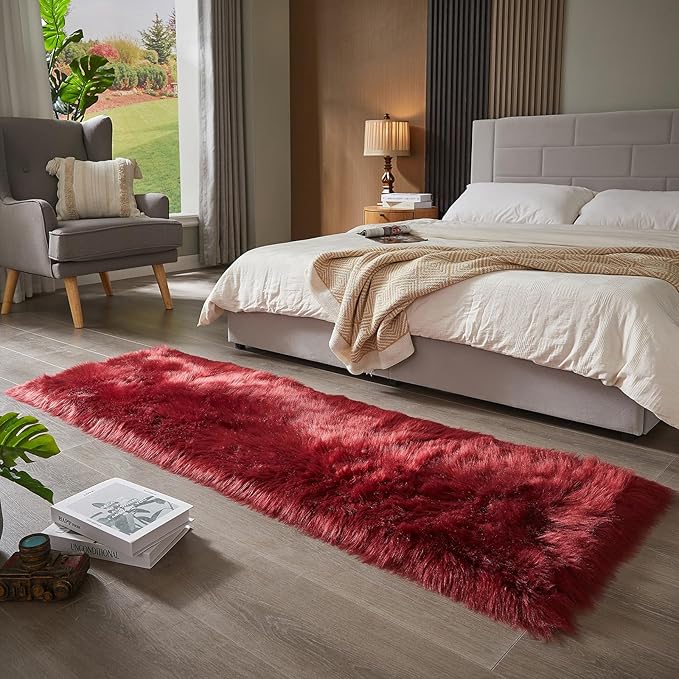 AMTOVO Faux Fur Rug, Burgundy Ultra Soft Fluffy Shag Sheepskin Rug, 2 x 6 ft Runner Area Rugs for Bedroom Sofa Throw Cushion Room Decor, Rectangle