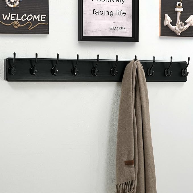 Dseap Wall Mounted Coat Rack: 38-1/4" Long, Patented, Heavy-Duty, 10-Double-Hooks Wooden Hanger Rail for Winter Coats, Hats, Jackets, Clothing - Black, Pack of 2