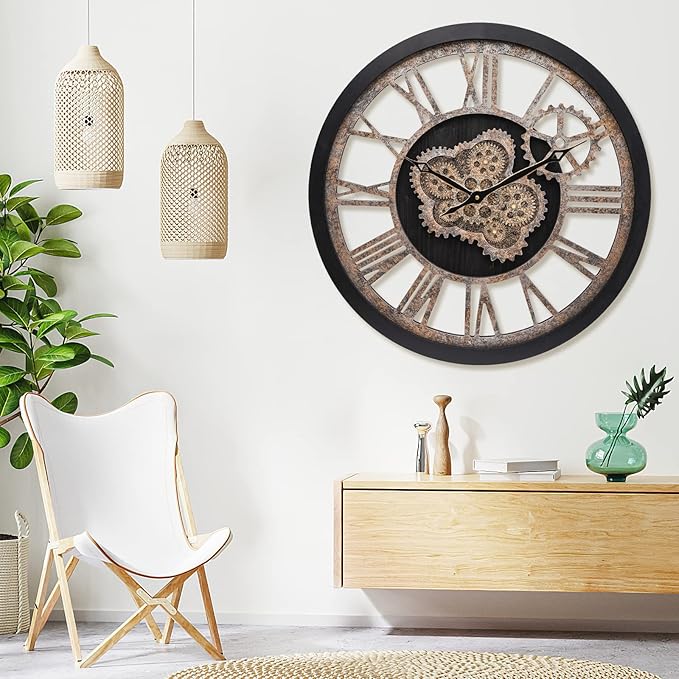 HOIBAI Wall Clock, Large Wall Clocks for Living Room Decor 18 Inch Battery Operated Silent Non-Ticking Modern Farmhouse Vintage Roman Big Wall Clock for Home Bedroom House, Moving Gears Clock