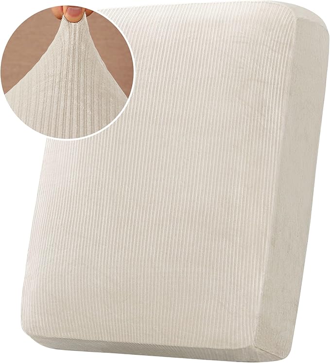 H.VERSAILTEX Velvet Stretch Couch Cushion Cover Plush Cushion Slipcover for Chair Cushion Furniture Protector Seat Cushion Sofa Cover (1 Piece Armchair Cushion Covers, Ivory Striped)