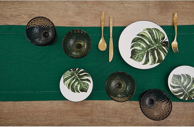 Solino Home Linen Table Runner 108 Inches Long - 100% Pure Linen Rainforest Green Table Runner 14 x 108 Inch for Fall, Autumn, Thanksgiving - Classic Hemstitch