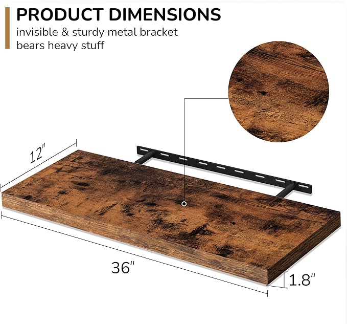 Fun Memories Floating Shelves - 2 Pack 12 Inch Rustic Wooden Wall Shelves - Extra Deeper & Thicker Wall Mounted Storage Shelf for Living Room, Kitchen, Farmhouse - 36" W x 12" D x 1.8" H - Brown