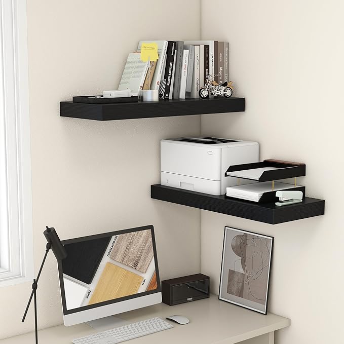 Deep Floating Shelves for Wall | 30W x 12D Black Floating Shelves Set of 2 | 12 Inch Deep Wall Shelves for Living Room Bathroom Laundry Room Bedroom Kitchen Home Office - Black