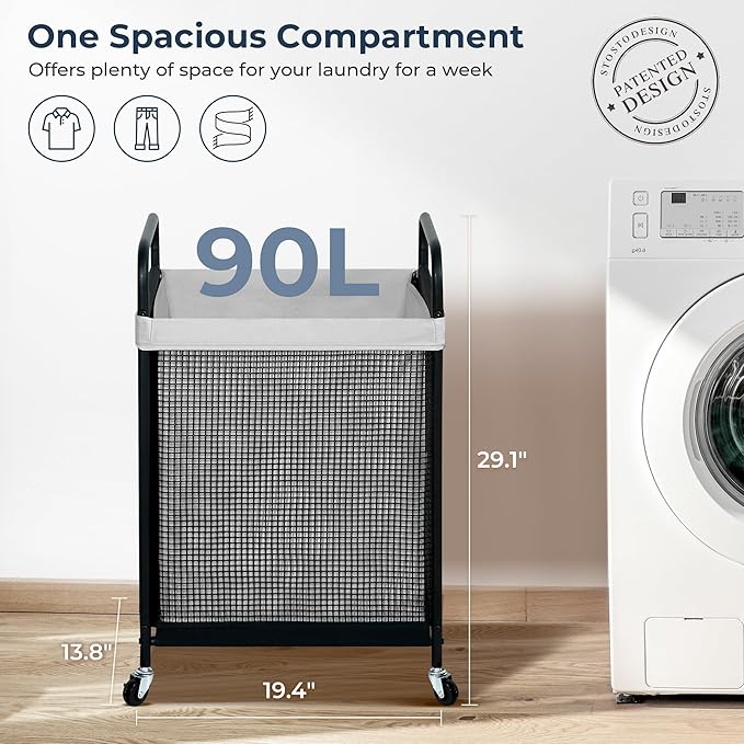 STO STO Laundry Hamper, 90L Rolling Laundry Sorter Cart with Removable and Washable Liner Bag, Rolling Clothes Hamper with Metal Handle for Laundry Room and Bedroom, Gray