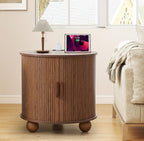 AVZEAR 24" Large Round End Table with Charging Station, Farmhouse Fluted Sofa Side Table with Sliding Tambour Door & Storage, Mid-Century Wood Nightstand for Living Room, Bedroom, Walnut