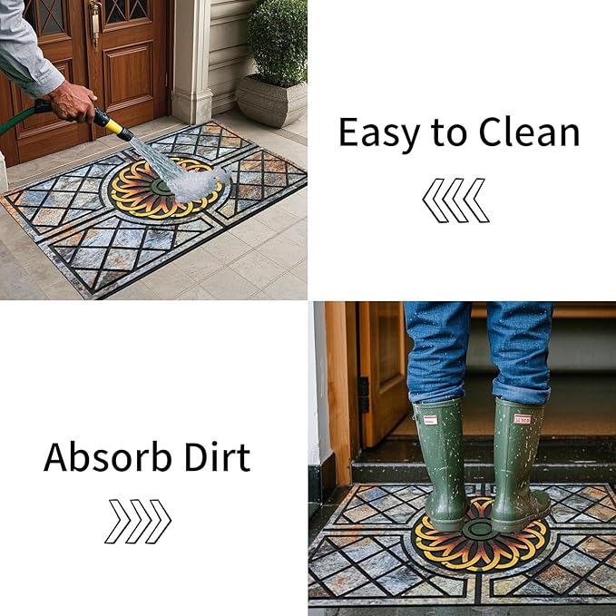 Door Mat Welcome Mat, Heavy Duty Door Mat 17.7 x 29.5 Inch Front Door Mat Rug Doormat for Outdoor Entrance Home Non-Slip Rubber Rug for Front Door, Outside, Entryway, Patio (Flower)