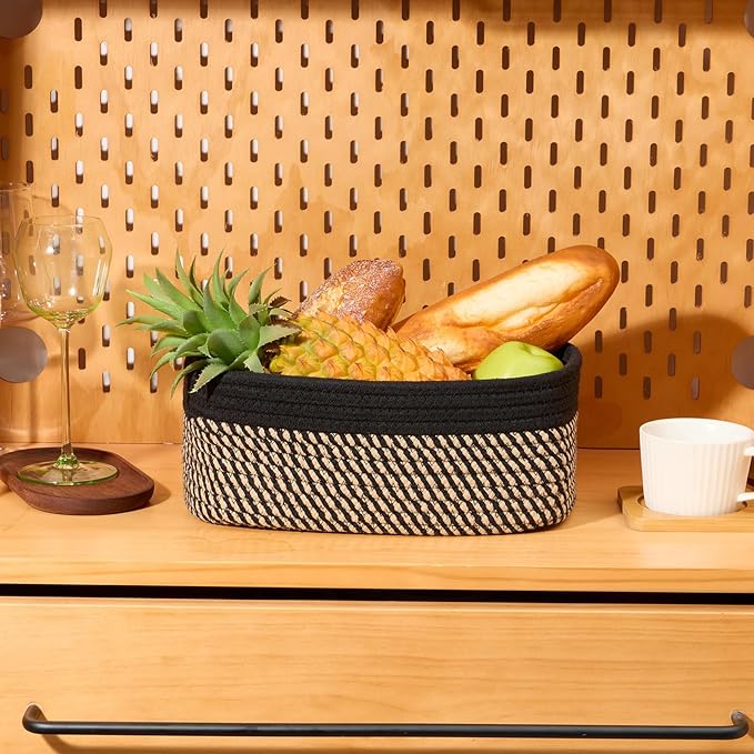 Small Storage Baskets for Organizing | Closet Organizer Bins | Shelf Toy Basket | Woven Rope Baskets | Cube Decorative Box | Shallow Basket | 11.5x7.5x4.7” | 4 Packs Black Brown