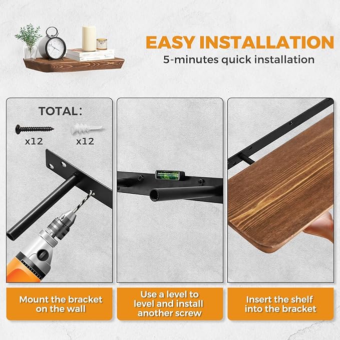 16"x6.8"x1.6" Slanted Floating Wall Shelves 2-Pack - Rustic Brown Finish, Heavy-Duty Solid Wood Design with Hidden Brackets - Perfect for Living Room, Kitchen, Bathroom, or Office