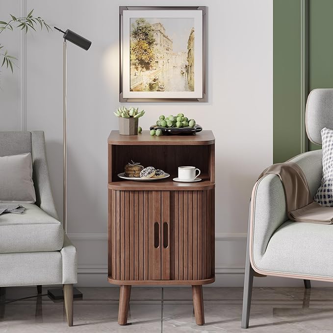 Alohappy Mid Century Modern End Table with Sliding Tambour Door, Fluted Wood Nightstand, Curved Round Edge Side Table with Storage Cabinet for Bedroom, Living Room, Walnut