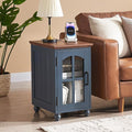Narrow Side Table,Farmhouse Nightstand with Charging Station,Wood End Table with Glass Barn Door Storage, Cabinet Organizer with Adjustable Shelf, Night Stand for Small Spaces for Living Room Bedroom