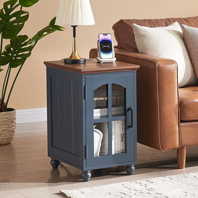 Narrow Side Table,Farmhouse Nightstand with Charging Station,Wood End Table with Glass Barn Door Storage, Cabinet Organizer with Adjustable Shelf, Night Stand for Small Spaces for Living Room Bedroom