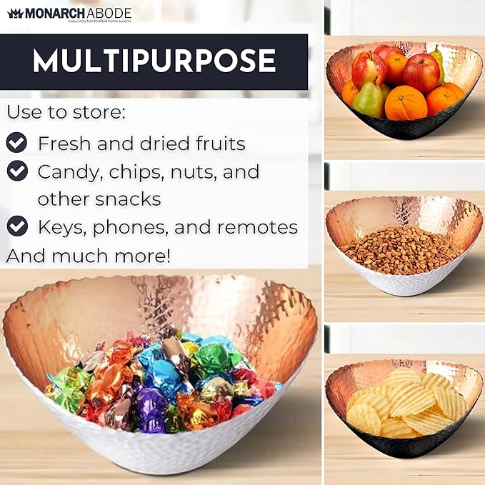 Monarch Abode Hand Hammered Decorative Bowl for Home Decor, 7.5-Inch White and Copper Plated – Key Bowl for Entryway Table, Catch All, Decorative Fruit Basin, Key Holder, Bowls for Home Decor