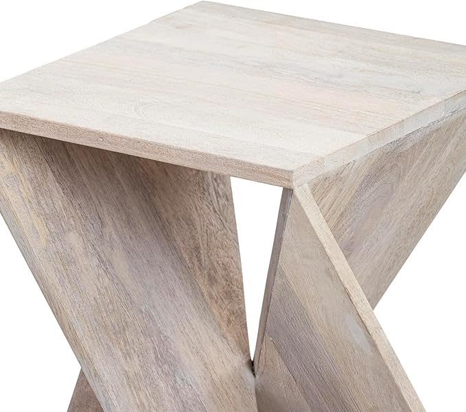 Modern Hand Made One-of-a-Kind Carved Mango Wood End Table, Farmhouse Side Table,Farmhouse End Table,Living Room,Bedroom, Accent Table, Contemporary Architectural Designed Whitewash,Assembled